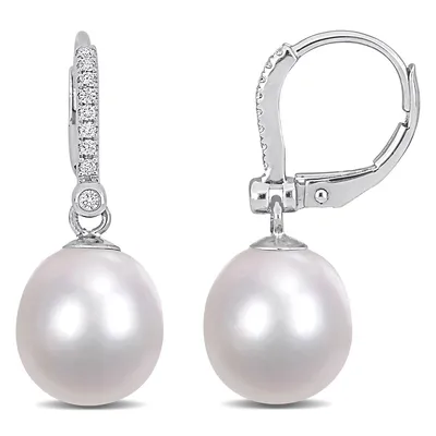 South Sea Cultured Pearl And 1/8 Ct Tw Diamond Leverback Earrings In 14k White Gold