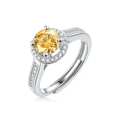 Sterling Silver with 2ctw Fancy Yellow & White Lab Created Moissanite Halo Engagement Anniversary Adjustable Ring