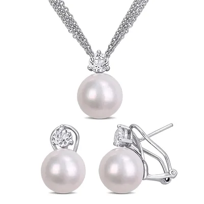 2-piece Set Cultured Freshwater Pearl And 1 3/4 Ct Tgw White Topaz Earrings And Pendant With Triple Strand Chain In Sterling Silver