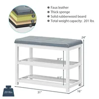 2-tier Wooden Shoe Rack Bench W/padded Seat For Entryway Bedroom White