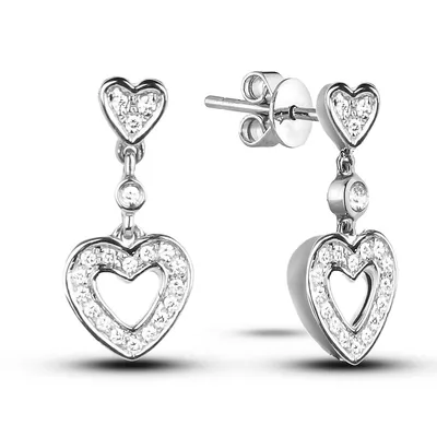 925 Sterling Silver 0.40 Cttw Canadian Diamond Petite Dangly Hearts Earrings
