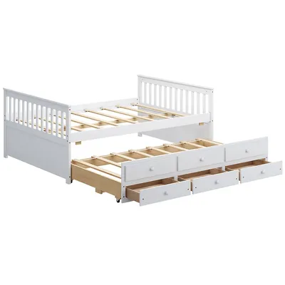 Full Daybed Frame With Twin Trundle Bed & 3 Storage Drawers Wood Sofa Bed White