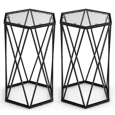 Set Of 2 End Table Tempered Glass Top Metal Frame Hexagonal Accent Side Table