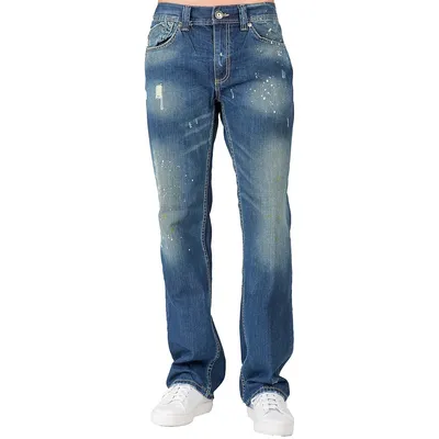 Men's Relaxed Straight Premium Denim Jeans Vintage Blue Distressed Hand Rubbed Wash