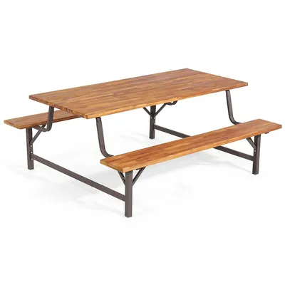 Acacia Wood Patio Picnic Table Bench Set With 71" Tabletop ＆ 2" Umbrella Hole