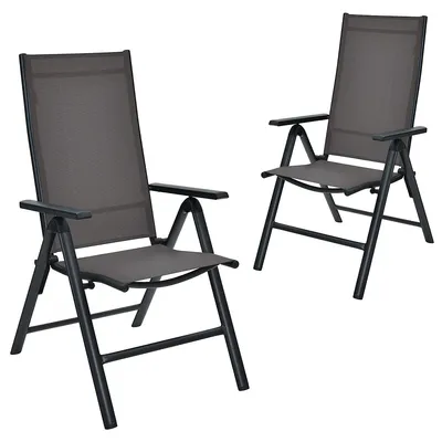 2pcs Patio Folding Dining Chairs Aluminium Adjustable Back Gray