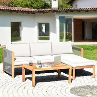 3pcs Patio Acacia Wood Sofa Furniture Set Thick Cushion W/nylon Rope Armrest