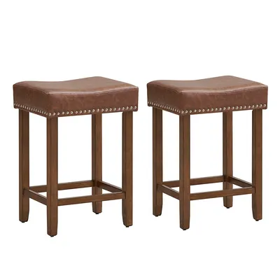 24" Upholstered Bar Stools Set Of 2 With Footrests Rubberwood Frame Saddle-shaped