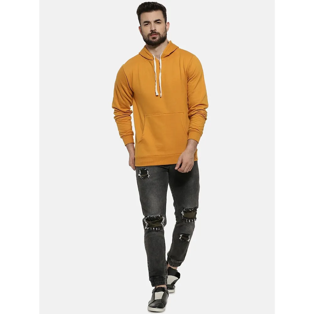 Solid Yellow Full Sleeve Hooded Sweatshirt for Men