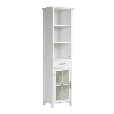 Teamson Home Floor Standing Bathroom Wooden Cabinet Storage Shelves Draw Glass Door White