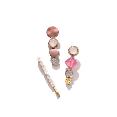 Women Set Of 3 Pink White Gold-plated Alligator Hair Clip