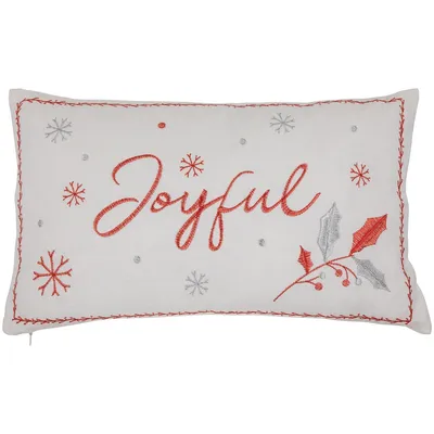 19" Red And White Embroidered "joyful" Rectangular Christmas Throw Pillow