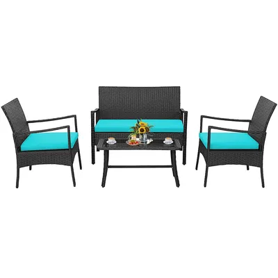 4pcs Patio Wicker Furniture Set Cushioned Chairs& Loveseat With Coffee Table Garden