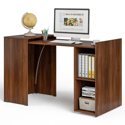 Costway Extendable Computer Desk Reversible Study Writing W/ Mobile Shelves Natural/brown