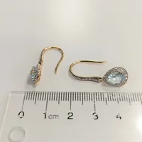 10k Yellow Gold 2.02 Cttw Aquamarine Gemstone & 0.52 Cttw Diamond Halo Style Dangle Earrings