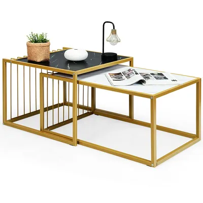 Modern Nesting Coffee Table Marble-top Side Snack Table Set W/ Gold Metal Frame