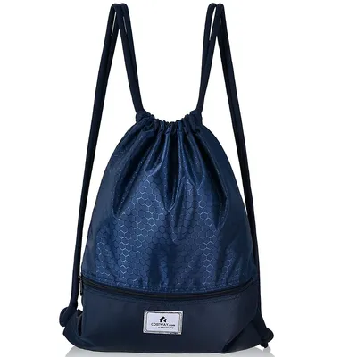 Drawstring Backpack String Bag Folding Sports Sack W/zipper Pocket Blackblue