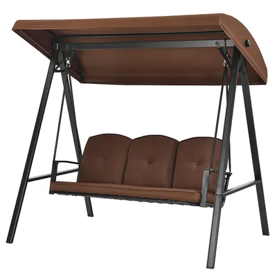 Outdoor 3-seat Porch Swing With Adjust Canopy And Cushions Brown