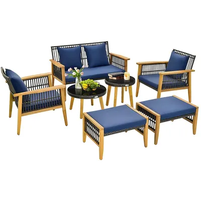 7 Piece Conversation Set Rattan Woven Chair Set With 2 Coffee Tables & 2 Ottomans