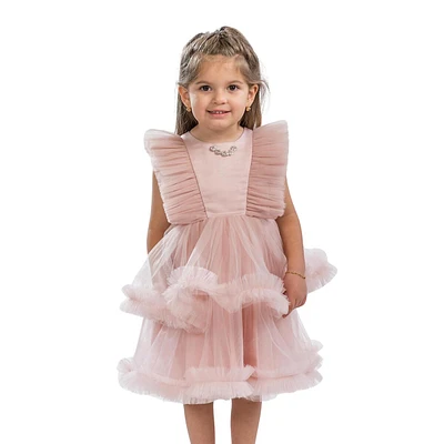 Baby Paige Girls Formal Dress Satin With Frilly Sleeves And Tulle Bottom