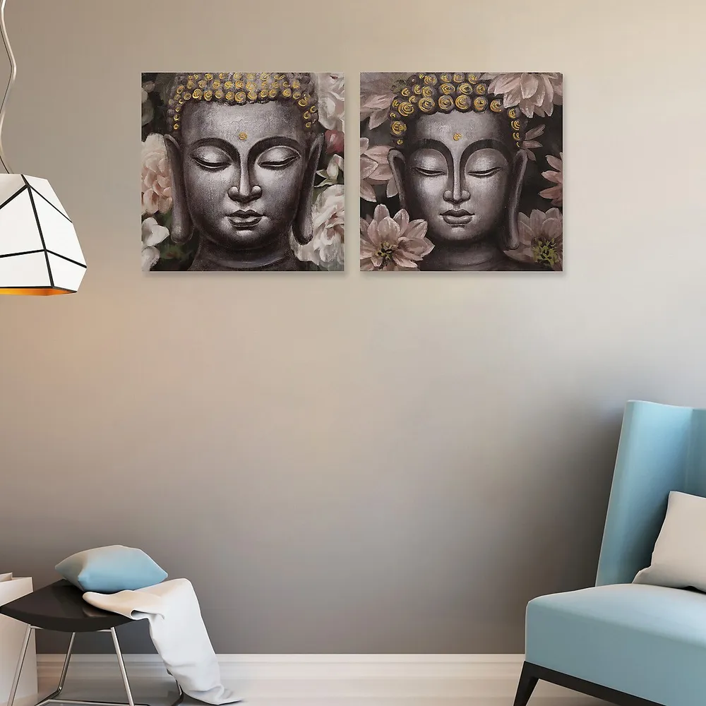 Hand Painted Canvas Wall Art Rosy Buddha - Set Of 2