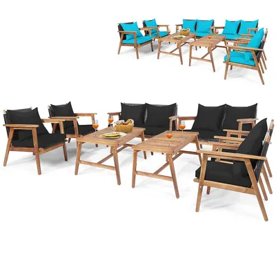 8pcs Patio Rattan Furniture Set Wooden Cushioned Sofa With Black & Turquoise Cover
