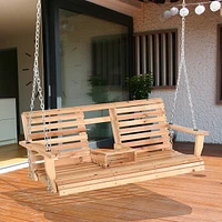 2-3 Seater Wood Swing Chair With Foldable Table Cup Holders