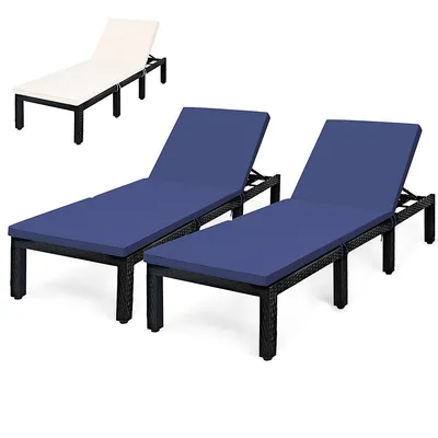 2pcs Patio Rattan Lounge Chair Chaise Recliner Adjust With Navy & Off White Cover