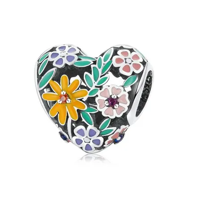 Sterling Silver Multi Colored Floral Heart Charm