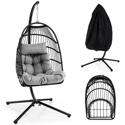 Patio Hanging Egg Chair With Stand Waterproof Cover Folding Basket Cushion Greybrown