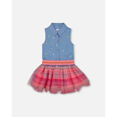 Chambray And Tulle Rainbow Mesh Dress