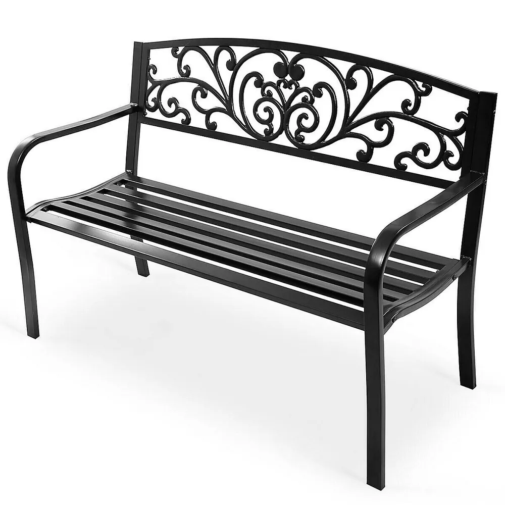 50" Patio Park Garden Bench Porch Chair Steel Frame Cast Iron Backrest