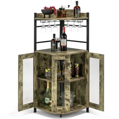 Corner Bar Cabinet Industrial Liquor Wine Cabinet With Glass Holder & Mesh Doors