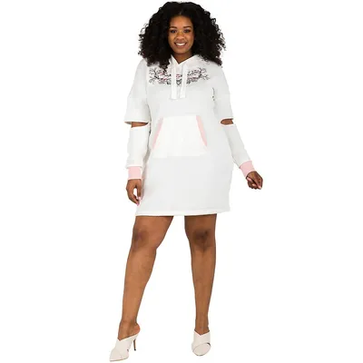 Plus Curvy Cold Elbow Cut-out Embroidery Hoodie Dress