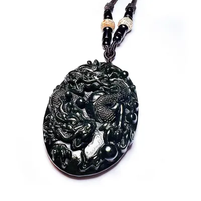 Men's Rich And Honorable Double Dragon Natural Jade Pendant With String Necklace