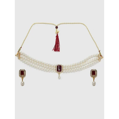 Gold-plated White Maroon Faux-ruby Beaded Jewellery Set
