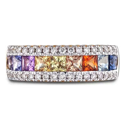 14k Yellow Gold 1.70 Cttw Rainbow Sapphire Gemstones & 0.36 Cttw Diamond Anniversary Ring