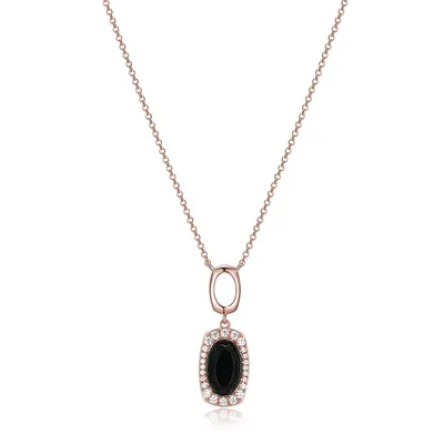 Rose Gold-plated Sterling Silver Genuine Black Agate & Cubic Zirconia Pendant Necklace