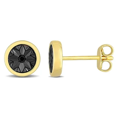Black Diamond Accent Circle Men's Stud Earrings In Yellow Plated Sterling Silver