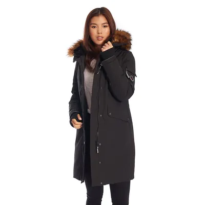 Women's Vegan Down Recycled Long Parka Winter With Faux Fur Hood
