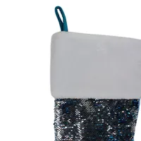 22.75" Sky Blue And Silver Reversible Sequined Christmas Stocking With Faux Fur Cuff
