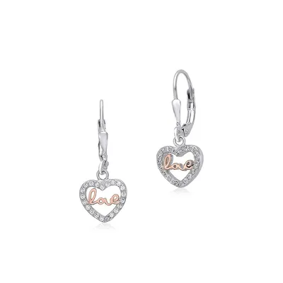 Sterling Silver 925 Dangle Leverback Earrings Heart Outline With Cz's And Love Letters