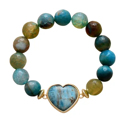 Green Blue Onyx And Apatite Stone Beaded Heart Bracelet