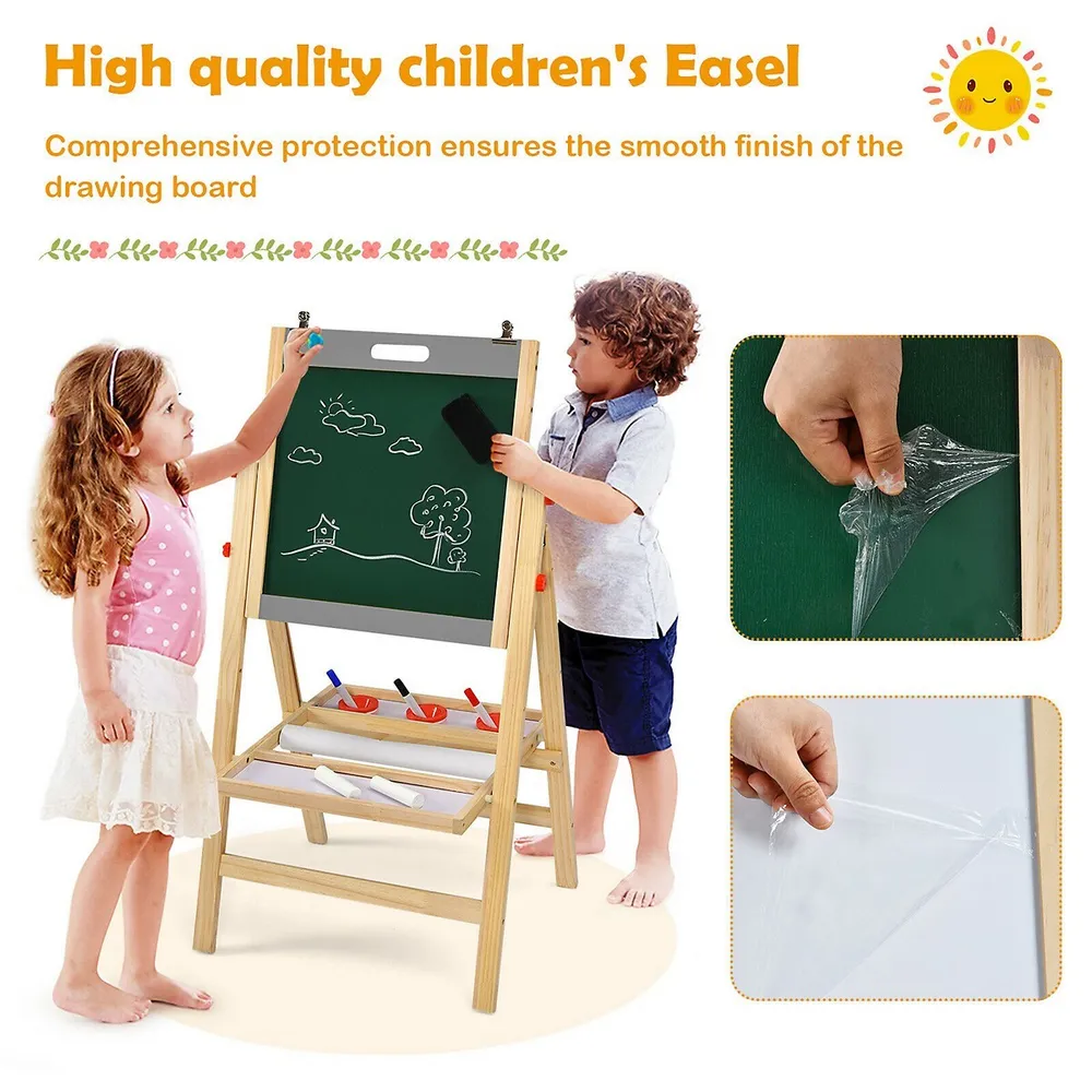 TOOKYLAND Wooden Easel for Kids - Adjustable Height Stand with Magnetic  Whiteboard, Chalkboard, Paper Roll, Magnets, Drawing and Painting  Accessories;