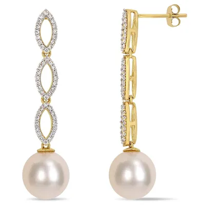 South Sea Cultured Pearl And 1/2 Ct Tw Diamond Infinity Dangle Earrings In 14k Yellow Gold