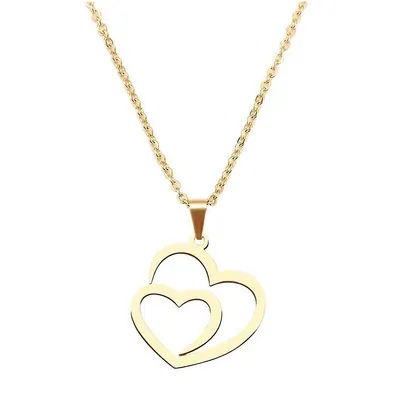 Stainless Steel Gold Plated Double Heart Pendant With Chain