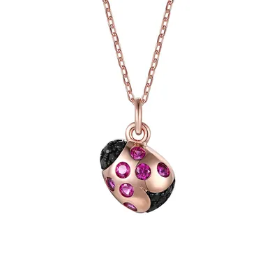Kid's 18k Rose Gold Plated With Ruby & Black Cubic Zirconia Ladybug Pendant Necklace