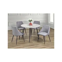 Round Faux Marble 5 Piece Dining Set With Grey Velvet Chairs
