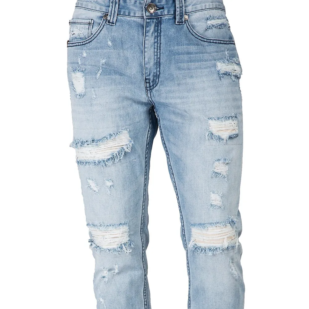 Level 7 Men's Premium Jeans Slim Tapered Leg Light Blue Ripped & Repaired