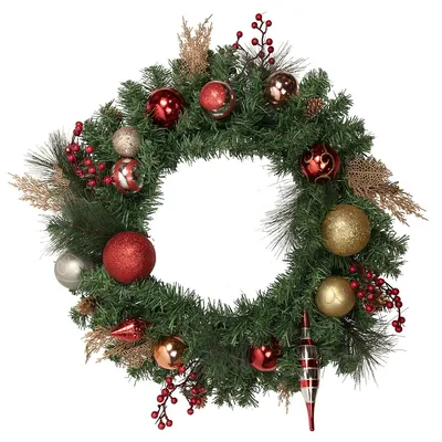 Green Mixed Foliage And Ornaments Artificial Christmas Wreath, 30-inch, Unlit